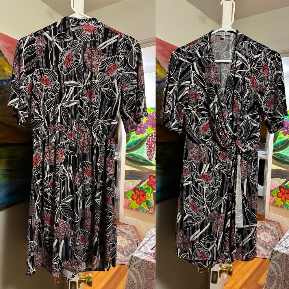 Floral Wrap-Style Black Dress with Red Accents kimono look stretchy fabric